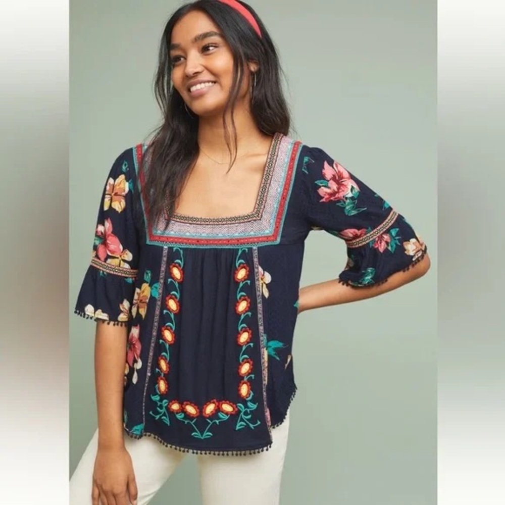 Anthropologie Dakota Navy Floral Embroidered Square-Neck Tunic